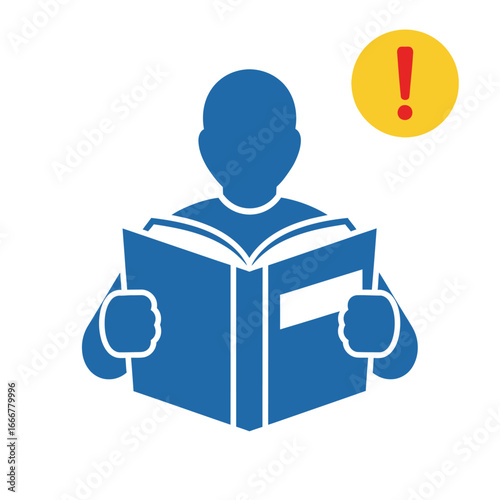 A blue silhouette of a person reading a book with an exclamation mark above.