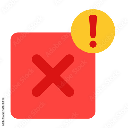 A flat vector icon of a red square with a cross, indicating an error or failure, with a yellow warning exclamation mark.