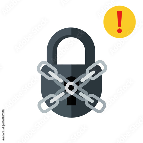 A dark padlock secured with crossed chains, accompanied by a yellow warning symbol.