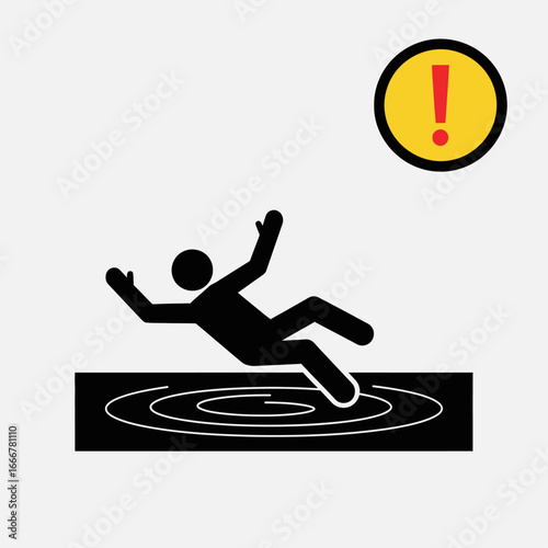 A stark black pictogram depicts a person falling onto a wet, slippery surface, accompanied by a yellow warning sign with a red exclamation mark.