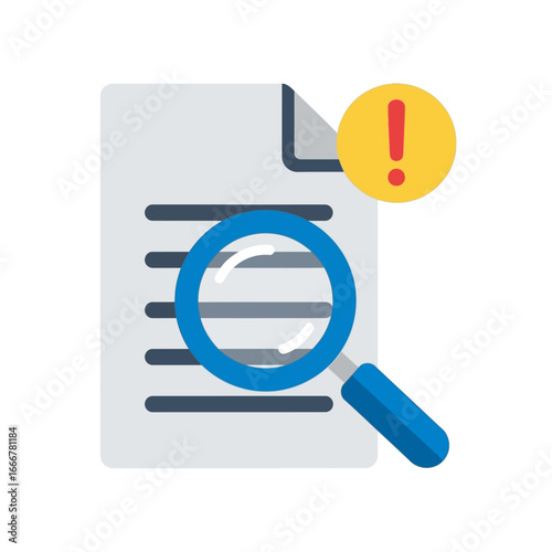 A magnifying glass examines a document with an exclamation mark indicating an important alert or warning.