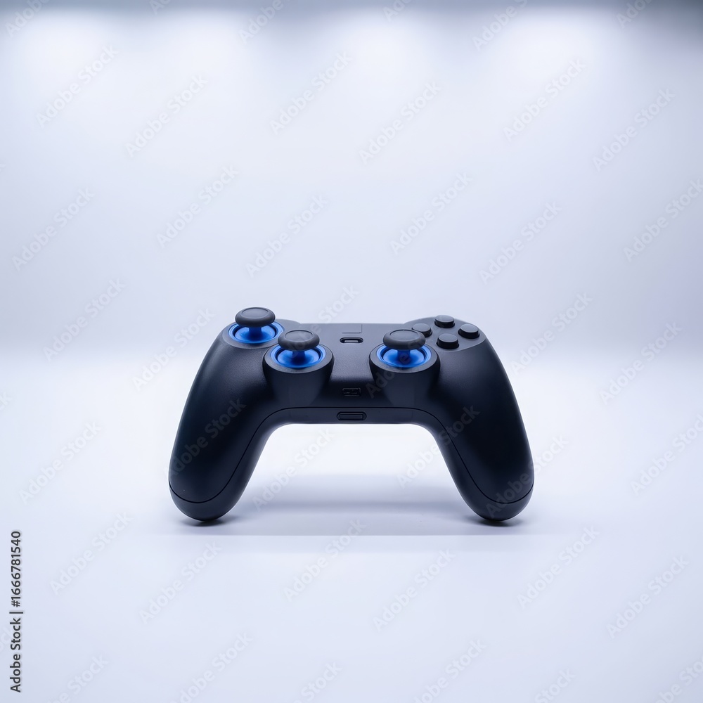 Black wireless game controller with blue accents buttons Black wireless game controller with blue accents buttons