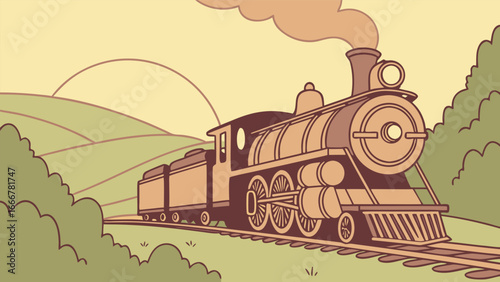 Vintage steam train traveling through rolling hills
