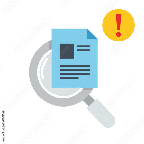 Document being examined under a magnifying glass with an alert.