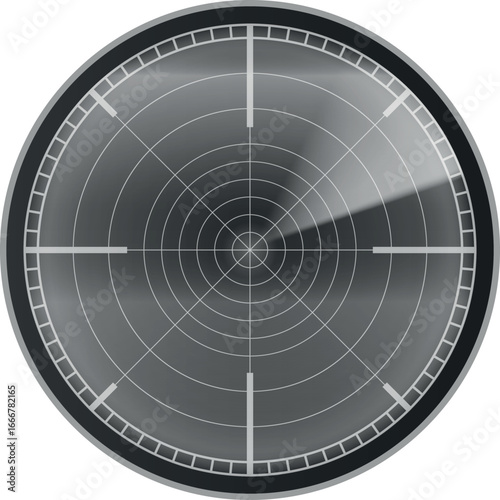 Realistic digital gray HUD radar display in searching, detection system, vector navigation interface navy or air sonar