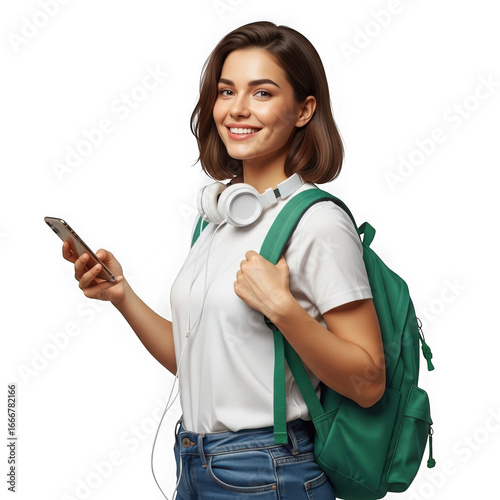 Young woman with brown hair smiling holding a smartphone and wearing a green backpack transparent background