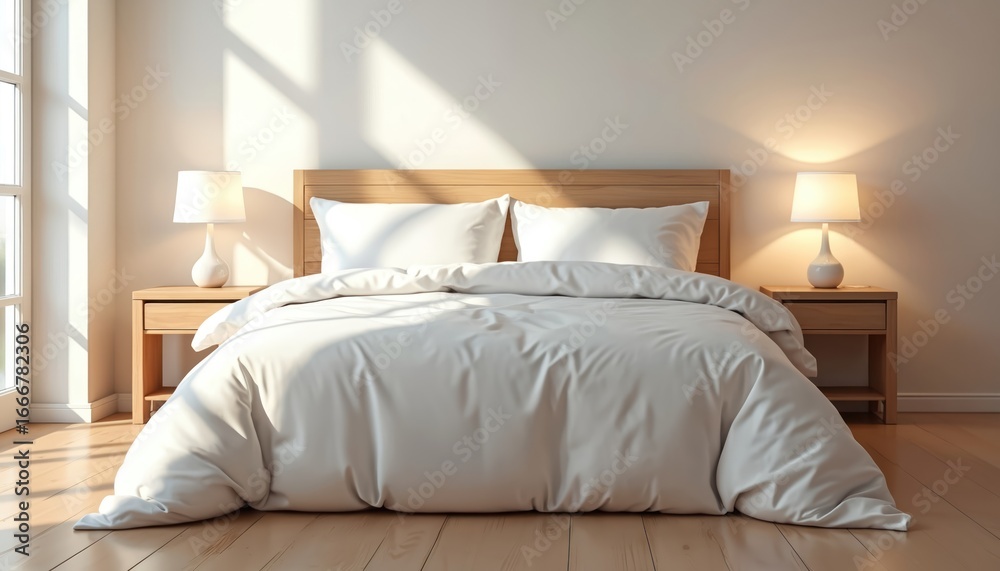 Obraz premium Clean, inviting bedroom with comfortable white comforter on wooden bed frame. Soft light filters through large window, illuminating two white pillows, bedside lamp on wooden nightstand, creating
