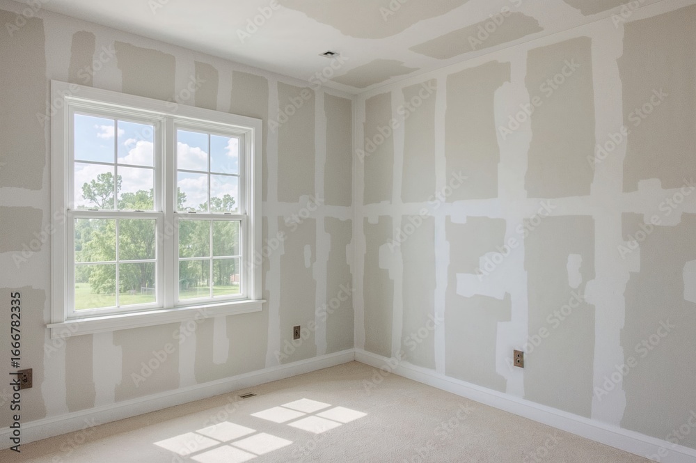 Fototapeta premium Completing drywall plastering in preparation for painting as part of new home construction
