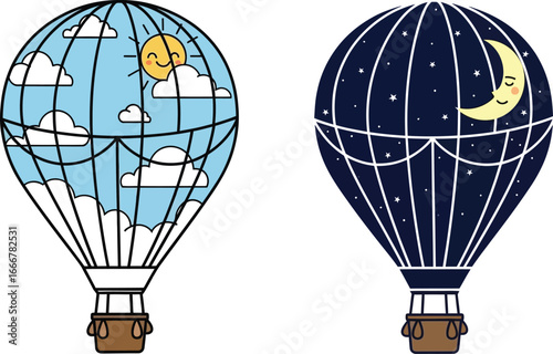 Two hot air balloons one day scene and one night scene illustration
