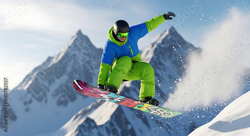 A snowboarder in mid air wearing a blue and green jacket with mountains in the background on a sunny day