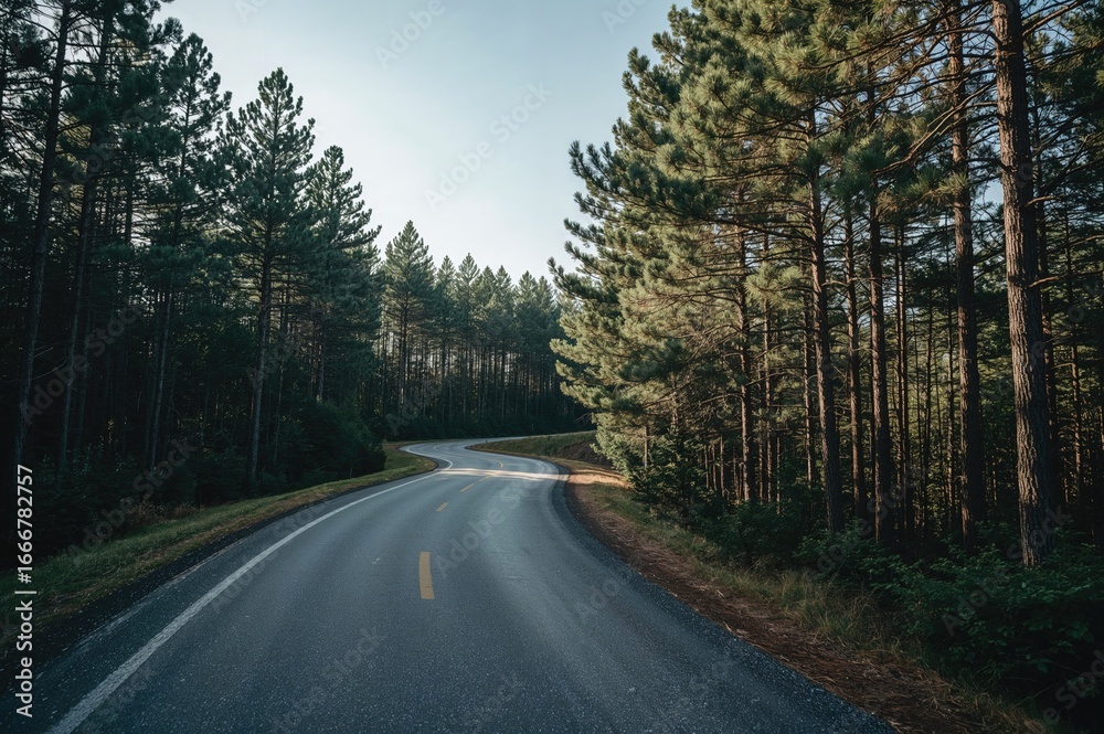 Fototapeta premium Paved trail stretching ahead, flanked by pine trees, ideal for biking and relaxation.