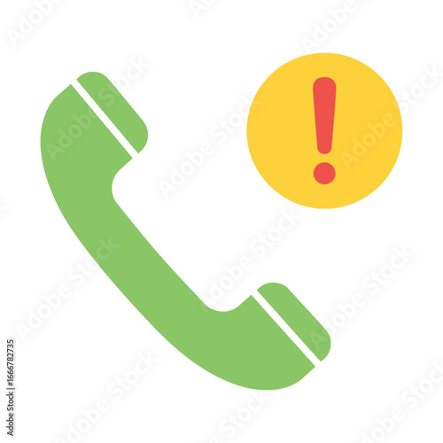 A green telephone receiver icon with a yellow and red exclamation mark, symbolizing a missed call, spam alert, or important phone notification.