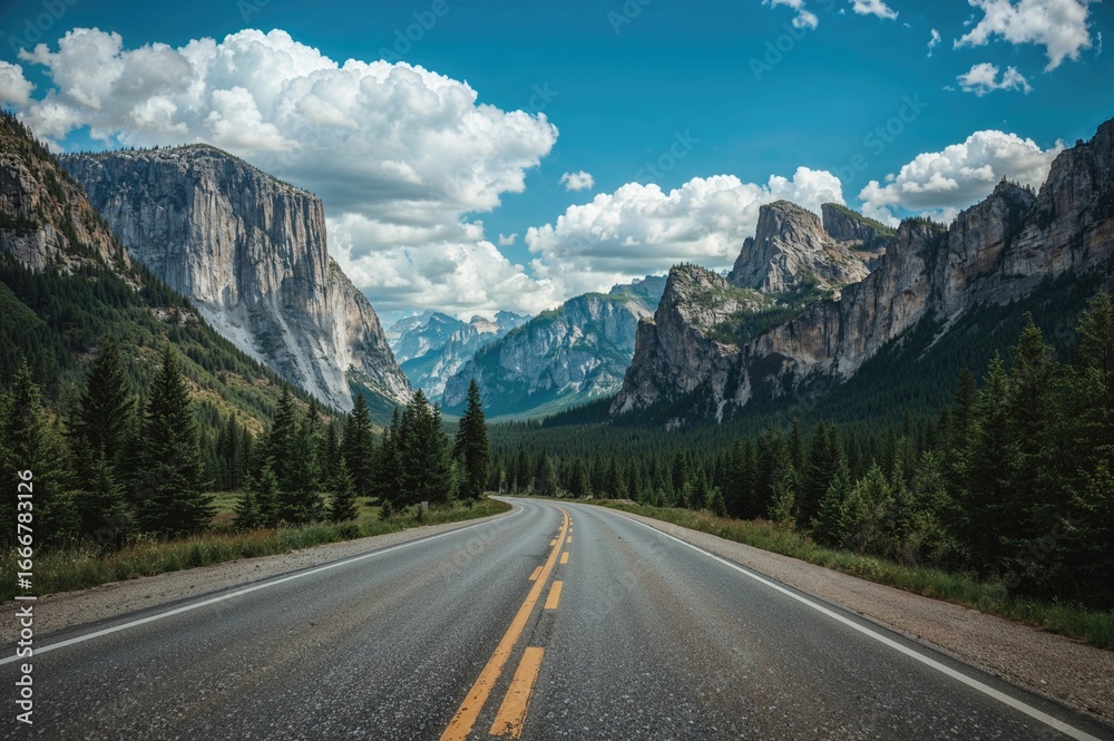 Fototapeta premium Paved highway through a mountainous natural setting beneath a clear blue sky