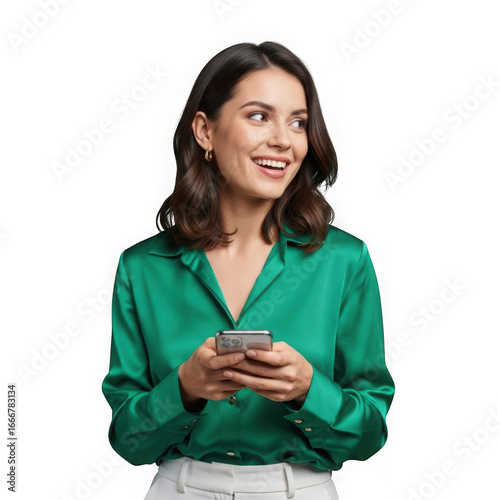 Smiling young woman with brown hair holding a smartphone with enthusiasm transparent background