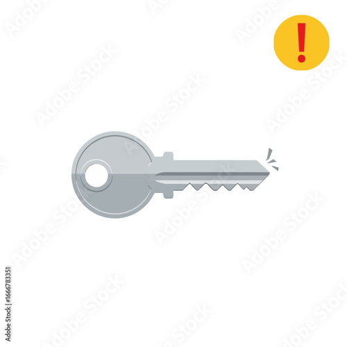 A silver key with a broken tip is displayed next to a yellow warning sign with a red exclamation point.