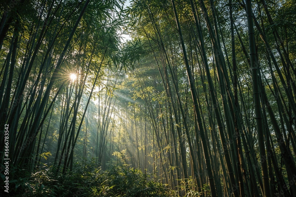 Obraz premium Morning sun shines through a dense bamboo grove