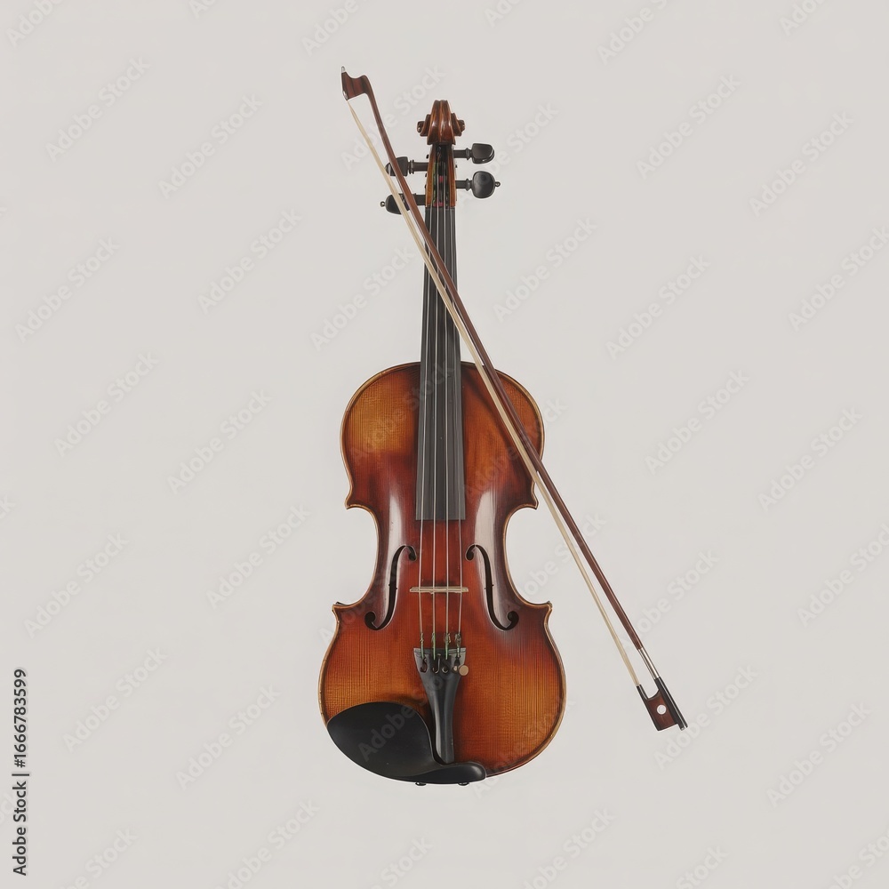 Fototapeta premium Brown wooden violin with bow musical instrument string instrument