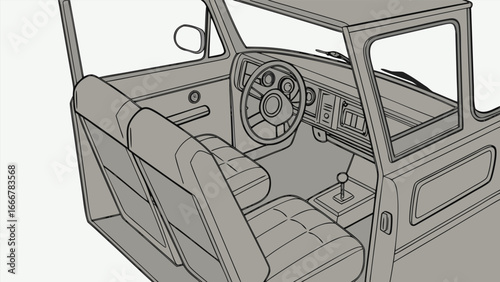 Wireframe interior of a vintage car cabin automobile