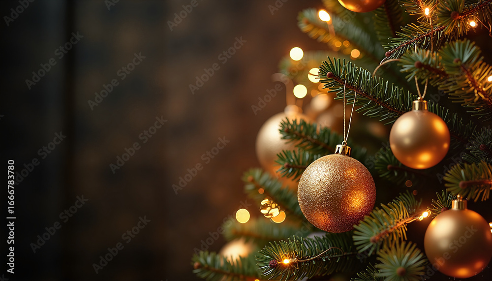 Obraz premium Christmas tree decorated with golden ornaments and twinkling lights 
