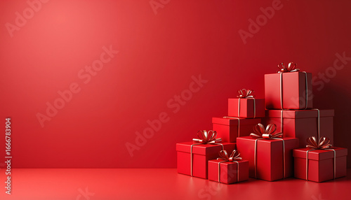 Pile of red gift boxes with bows on red background  