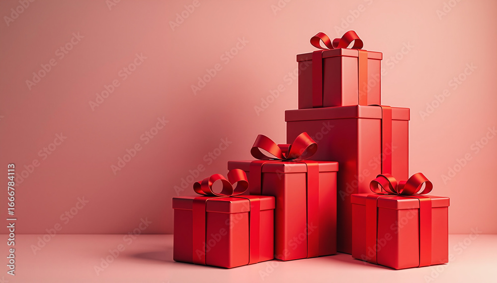 Fototapeta premium Red gift boxes with ribbons arranged on pink background 