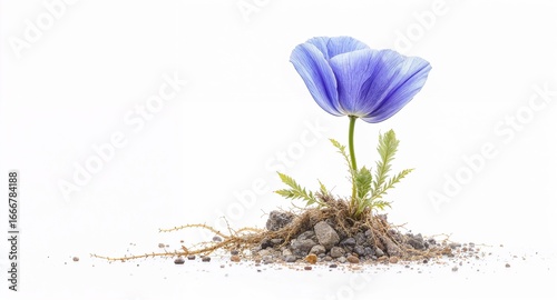 Delicate Blue Flower with Exposed Roots on a Rocky Ground

