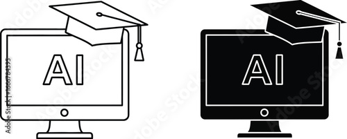 Ai on computer screen with graduation cap in black and white outline