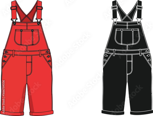 Red and black overalls with straps and pockets on a white background