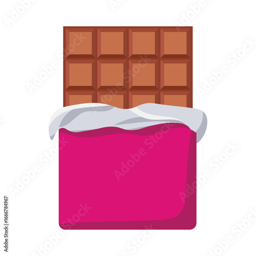 Milk Chocolate Bar Vector. Chocolate bar in wrapper and foil. Partially unwrapped chocolate candy in bright pink wrapper.