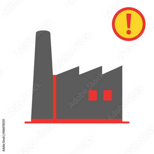Simple icon of a factory with a warning symbol, suggesting potential environmental issues.