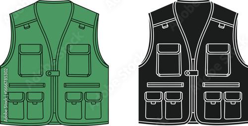 Illustration of a green and black vest with multiple pockets shown