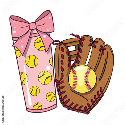 Pink softball themed cup with baseball glove and ball vector