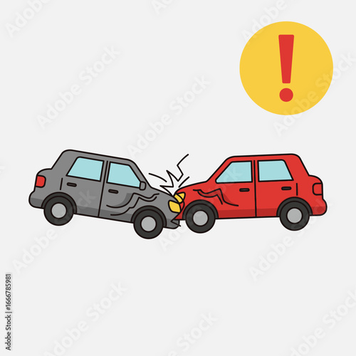 Two cartoon cars colliding head-on, with visible damage and a warning symbol indicating an accident.