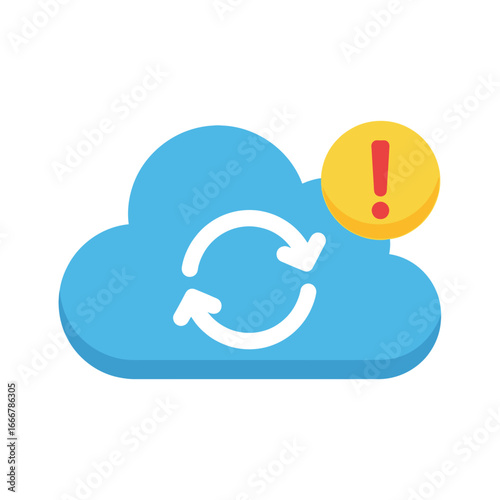 Blue cloud icon with a white refresh symbol and a yellow warning sign indicating a synchronization issue.