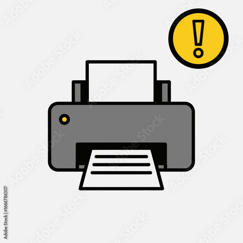 Stylized graphic of a grey printer experiencing an error, indicated by a yellow exclamation mark.