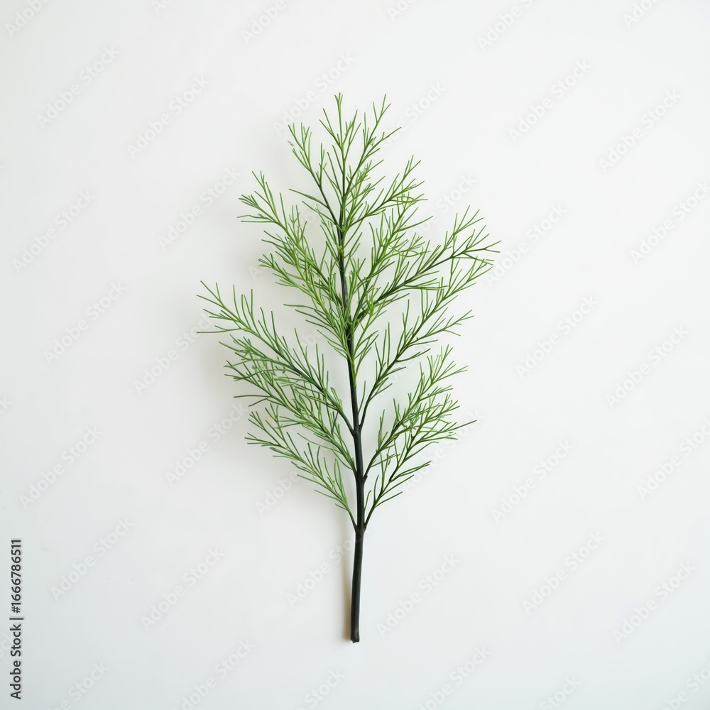 Fototapeta premium Minimalist sprig of faux plants with light green delicate foliage on dark stem. Artificial plant branch offers simple, elegant decorative accent for home decor, weddings, parties, craft projects.