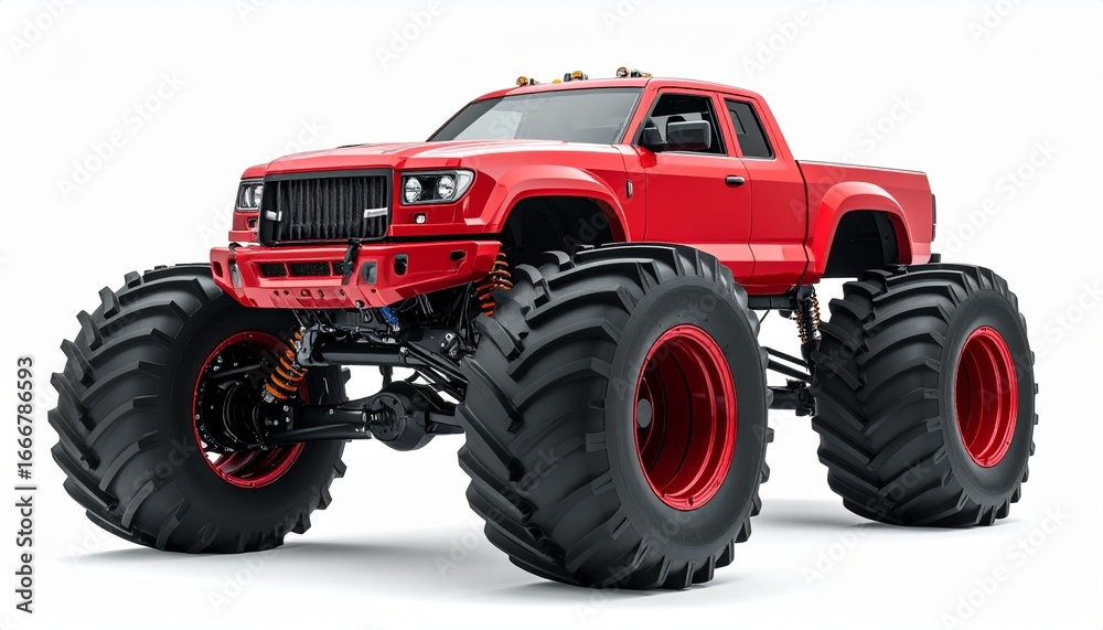 Obraz premium Monster truck in bright red with giant wheels lifted suspension and aggressive body isolated on white background motorsport entertainment vehicle 