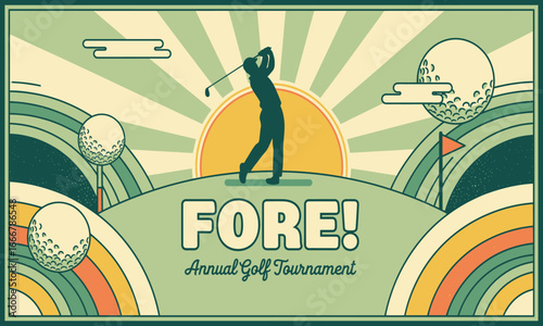 Classic retro style poster for a golf championship event featuring a golfer and vintage landscape design
