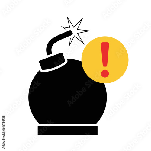Black silhouette of a bomb with a warning exclamation mark, graphic symbol of danger.