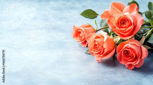 Delicate pink roses arranged on a soft blue background.