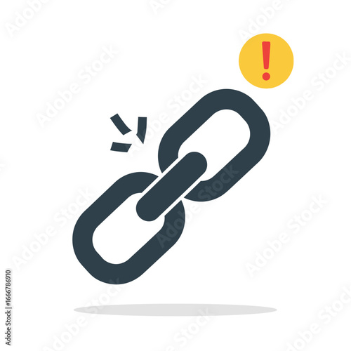 Broken chain link icon, warning alert, connection failure, disruption symbol.