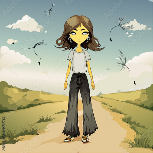 airy doodle icon gliding with dandelions on dusty boho trail 