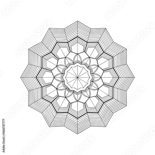 Intricate geometric mandala pattern with detailed linear radial design and repeating symmetry white background