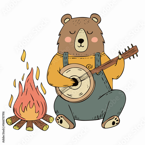 rustic bear doodle icon strumming banjo tales beside flickering campfire
