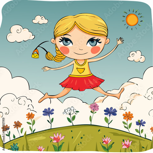 joyful freedom doodle icon chanting bells in boundless wildflower fields