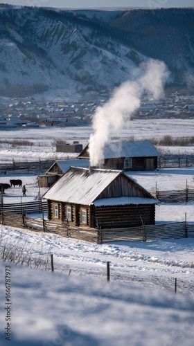 A rustic Russian village scene with traditional wooden izba houses, snow-covered fields, and wooden fences. Smoke rises gently from chimneys, suggesting warmth inside. Villagers in winter clothing wal