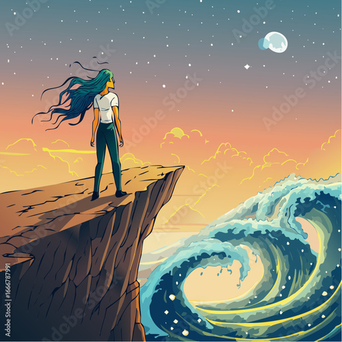 resonant echo doodle icon calling into dawn winds atop rugged cliffs 