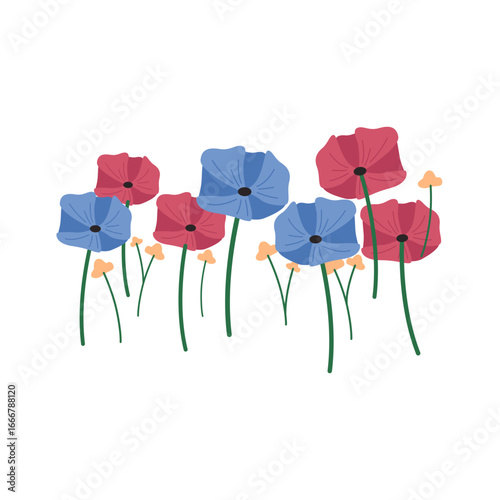 A charming arrangement of whimsical red and blue poppies with delicate orange buds and green stems creates a lively spring botanical scene