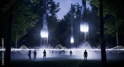 A surreal art installation with floating paintbrushes illuminating a forest clearing, visitors walking through glowing mist and soft soundwaves visualized