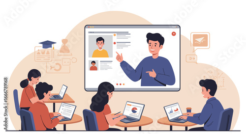 design illustration of people learning from an online instructor
